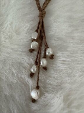 Pearl Charm Necklace on Brown Cord-Adjustable
